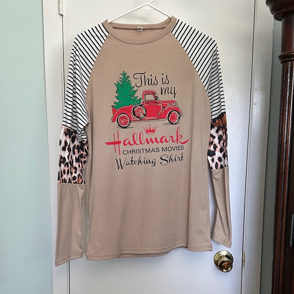 Hallmark Christmas Movies Watching Beige and Red Long Sleeved Shirt